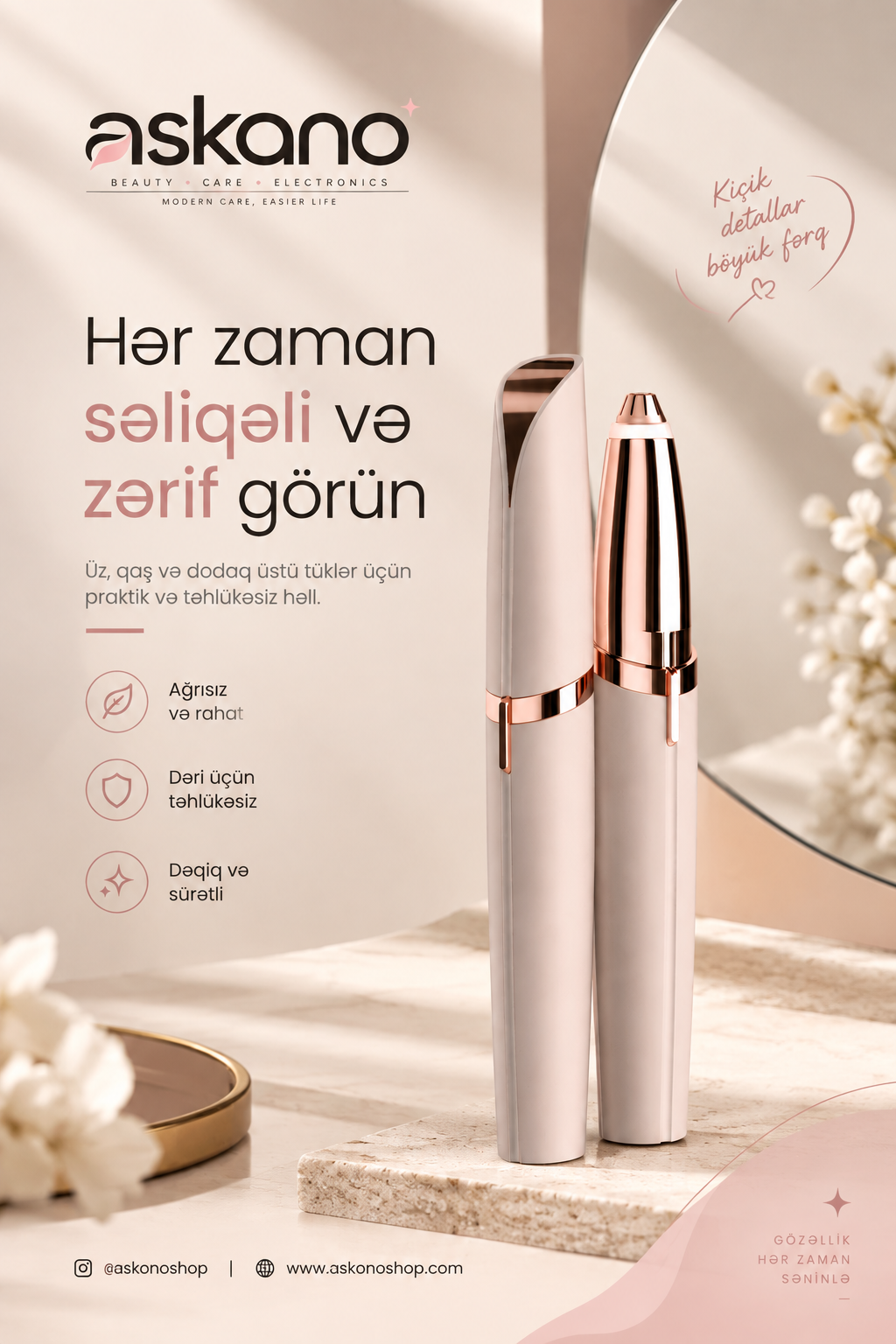 Elektrikli Ağrısız Qaş Epilyatoru – Portativ, Batareyalı Tük Kəsici Alət